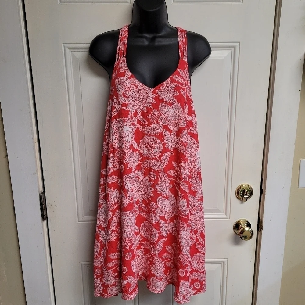 Entro Coral And White Paisley Open Strappy Back‎ Swing Dress Women's Size Small